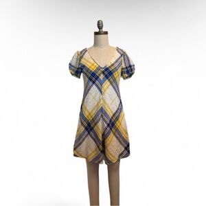 Linen blend Urban Outfitters short sleeve dress V neck blue and yellow